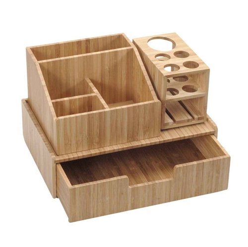 MobileVision Bamboo Makeup Organizer Complete Combo Which INCLUDES: 5 Section Brush Holder, 4 Compartment Cosmetic Caddy & Drawer for added extra storage space