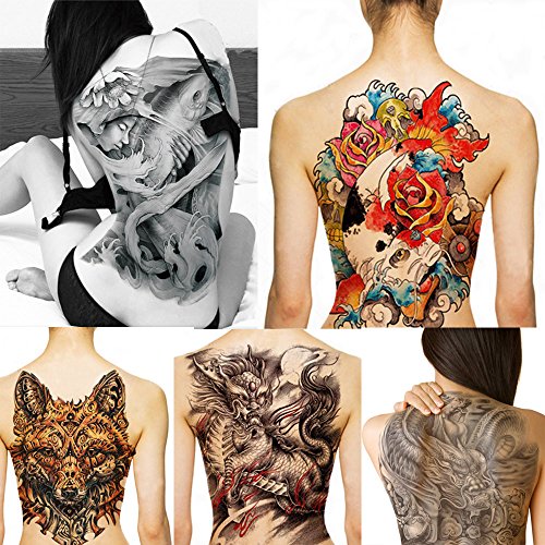 Glaryyears Super Large Full Back Covered Temporary Tattoo, 3 Pack Big Fake Realistic Tattoos Stickers for Adults Women Men, Scary Fierce Dragon Tiger Design