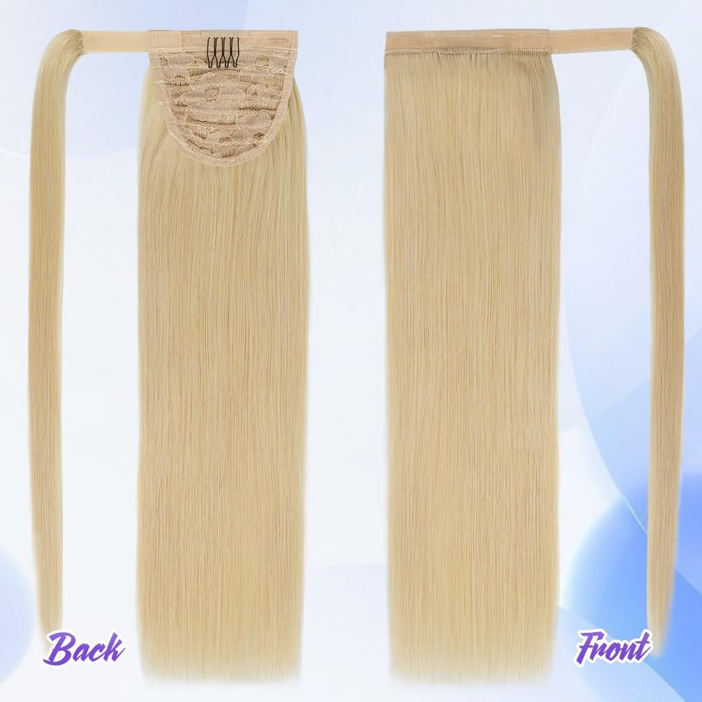20 Inch Human Hair Ponytail 90g Long Wrap Around Ponytail Bleach Blonde Real Hair Ponytail Extension for Women(20inch,Bleach Blonde)