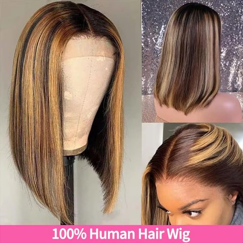 mianduan Highlight Bob Wigs Human Hair 13x4 Frontal Lace Wig 4/27 Honey Blonde Bob Wigs 14inch Glueless Wigs Human Hair pre plucked pre cut 180% Density 12A Short Wigs for Women Human Hair