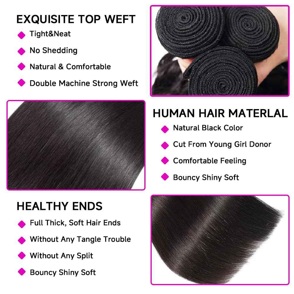12A Straight Bundles Human Hair 12 14 16 Inch 3 Bundles Human Hair Straight Human Hair Bundles 100% Unprocessed Brazilian Virgin Human Hair Extension