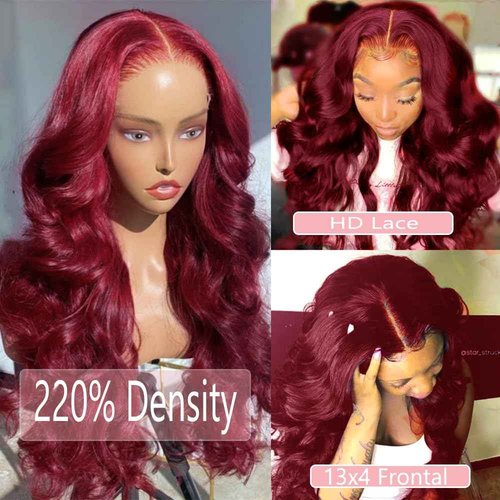 Aliprincess 220% Density 99J Burgundy Lace Front Wigs Human Hair Pre Plucked Hairline Body Wave Glueless 13×4 HD Transparent Wigs for Women Human Hair Wine Red Colored (24 inch, 99j)