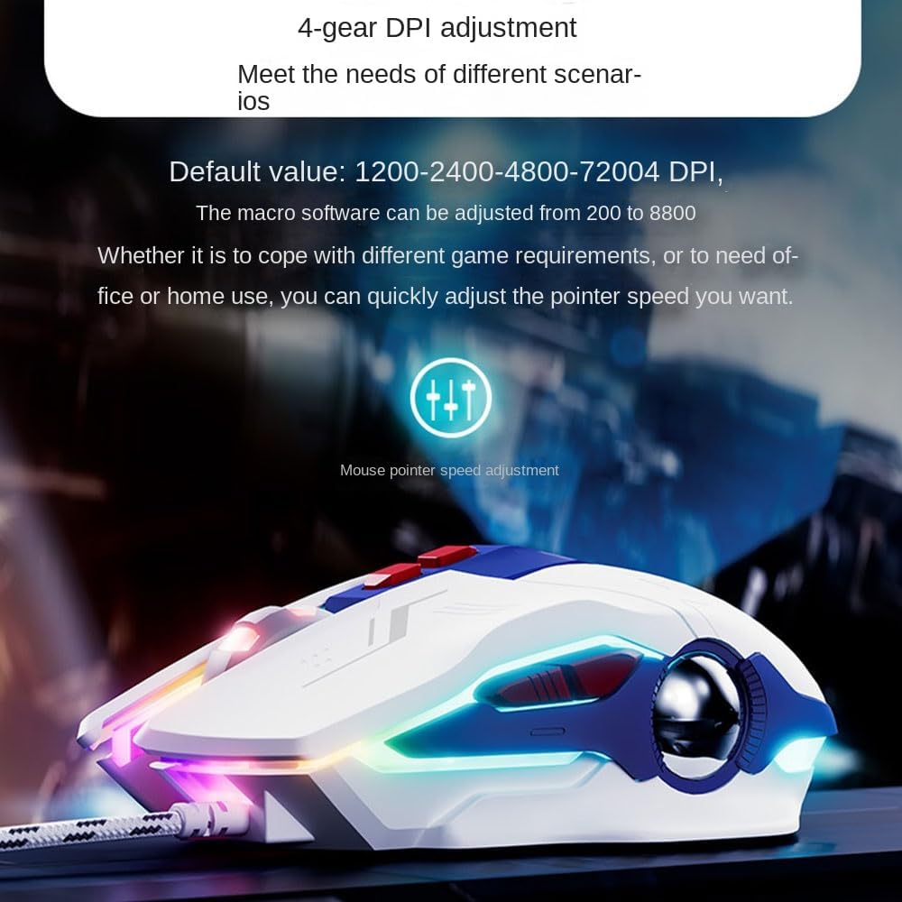 Aimery Wired Gaming Mouse Computer mice Mechanical Breathing Colorful Light with Sound 7 Keys USB Braided Rope 4 Speed DPI Ergonomics PC Laptop Mecha White