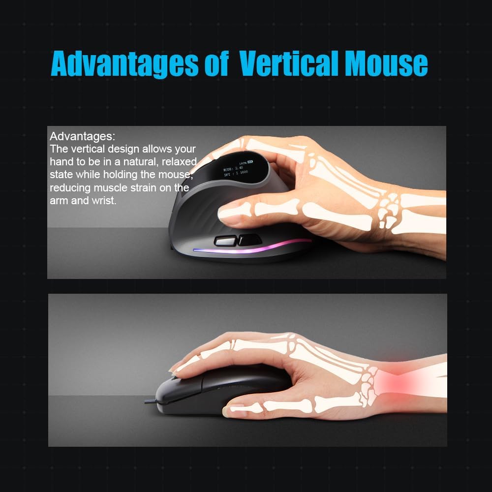 zelotes Bluetooth Wireless Mouse with Display,4000DPI,2-in-1(BT 5.0/3.0+2.4Ghz),Rechargeable,3 Device Connection,6 Buttons Vertical Ergonomic Mouse,Portable Mouse for PC,Laptop,Tablets