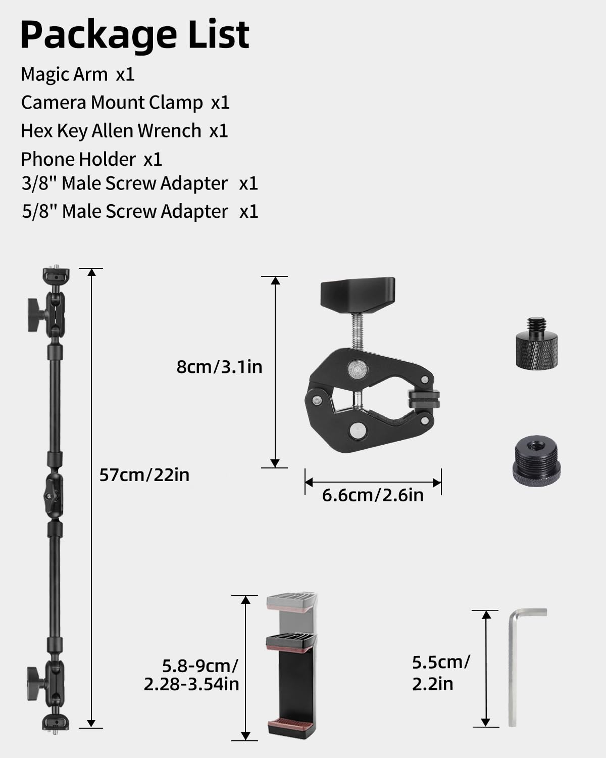 22" Magic Arm w Clamp, Overhead Phone Mount, Flexible Desk Camera Mount, Articulating Friction Boom Arm w Thread Adapter, for POV Shot, Light, Webcam, Mic, Action Camera, for Content Creators