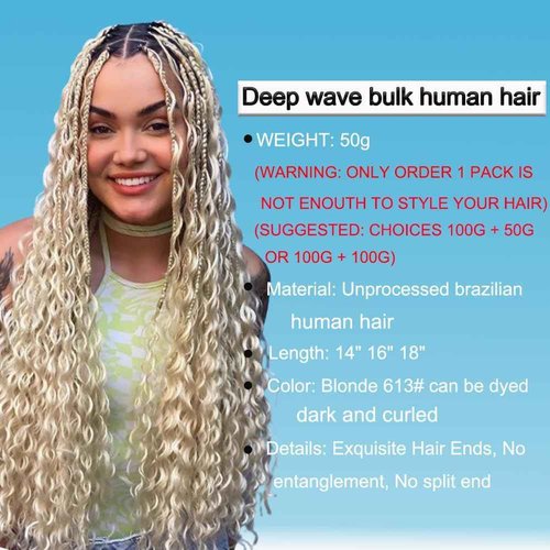 Heyloo Hey my wig Blonde 20 Inch 100g 613 Human Braiding Hair for Boho Braids Deep Curly Wave Bulk Human Hair for Braiding Unprocessed Brazilian Virgin Water Wave Wet and Wavy