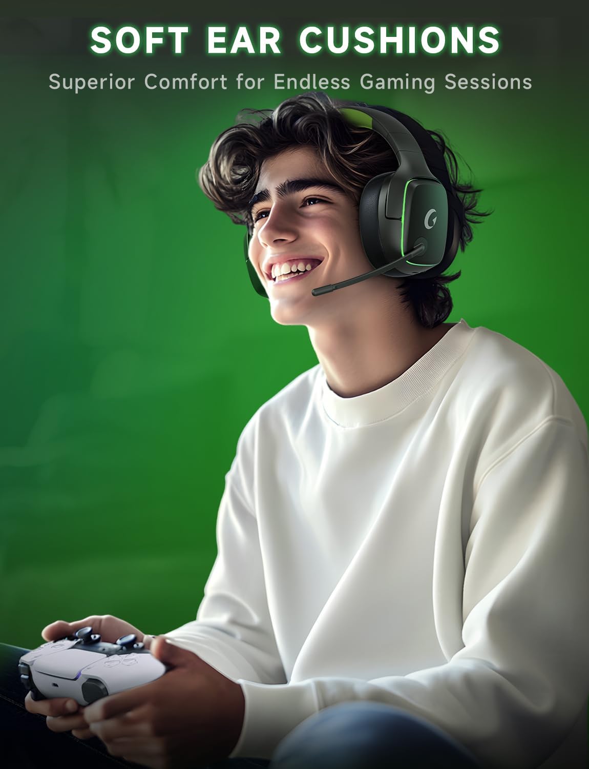 2.4GHz Wireless Gaming Headsets for PS5, PS4, PC, Switch - Bluetooth 5.3 Gaming Headphones with Noise Canceling Mic, 7.1 Surround Sound, 70H Battery, Blue Lighting - White