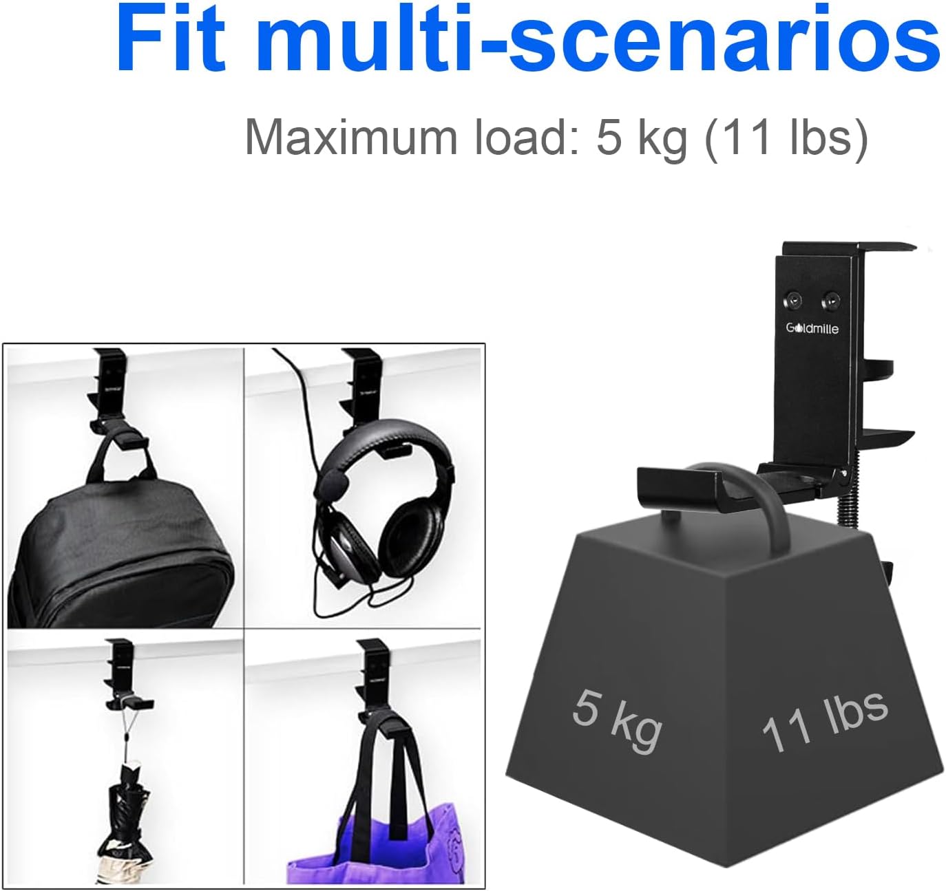 Aluminum Headphone Stand Hanger Foldable with Cable Clip - Goldmille Headset Holder Clamp Hook Under Desk, Save Your Space While Working & Gaming