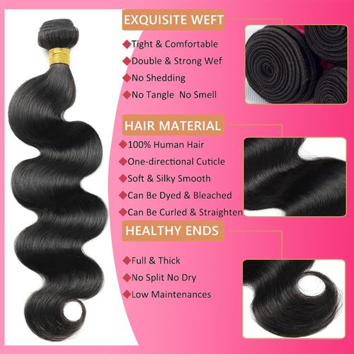 Aptatuse Body Wave Bundles Human Hair 16 18 20Inch 100% Unprocessed 12A Brazilian Virgin Raw Bundles Human Hair 3 Quick Weave Hair Bundles for Women Hair Extensions Natural Black