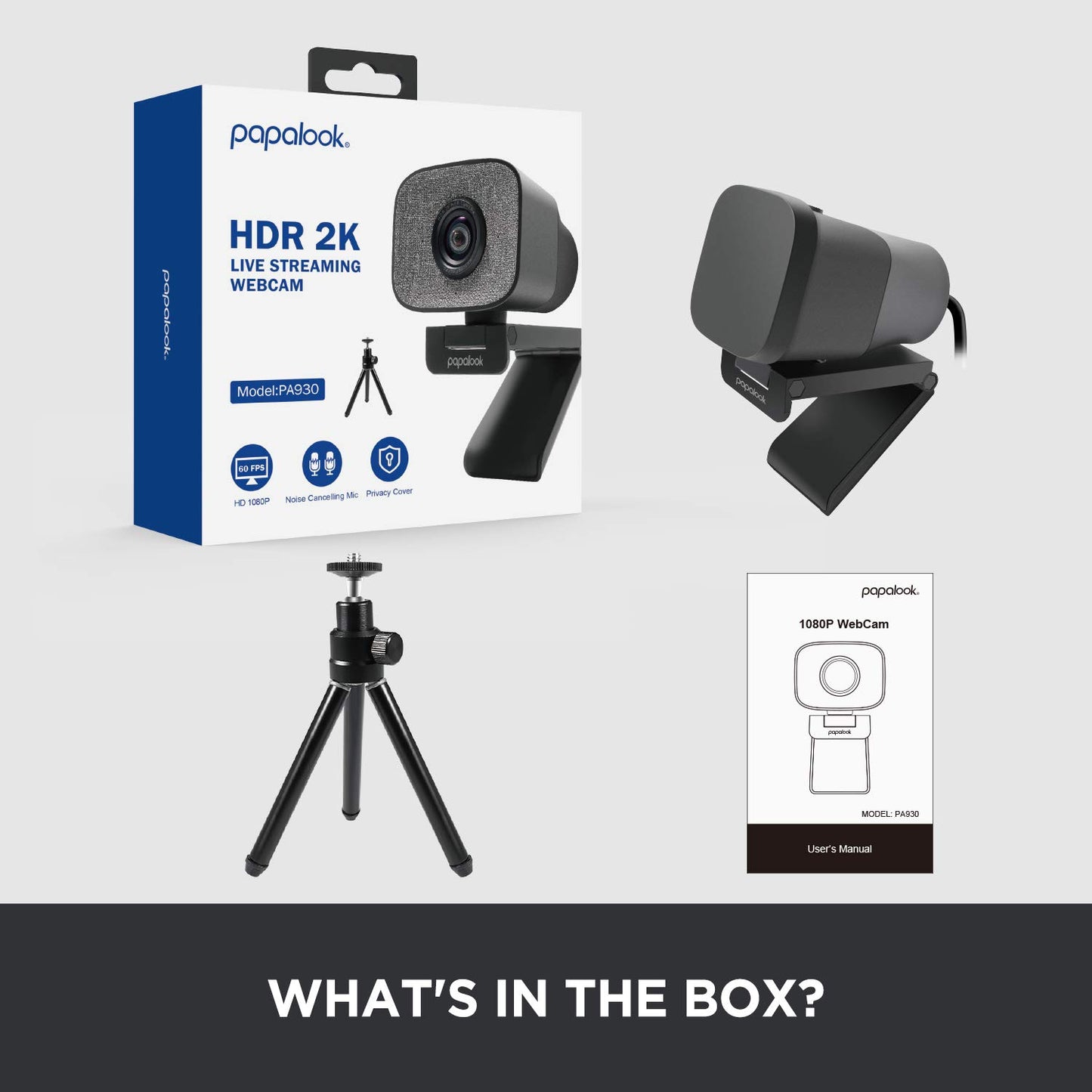 2023 2K Ultra HD Webcam, PAPALOOK PA930 1080P 60FPS Live StreamCam with Dual Microphone, 90° Fixed Focus, Privacy Cover and Tripod, Computer USB Web Camera for Zoom/Skype/Twitch/OBS