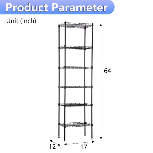 BestOffice | 6-Tier Wire Storage Shelves | 17x12x64 | Black | with Adjustable Racks | Heavy-Duty Metal Shelf, Holds Upto 600 lbs | No-Tool Assembly | Ideal for Home & Garage Shelving