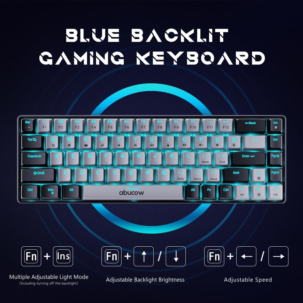 abucow 60% Mechanical Gaming Keyboard,Blue Switch Wired Compact Keyboard with Blue Backlight, Swappable Black Gray Keycaps, for Windows/Mac