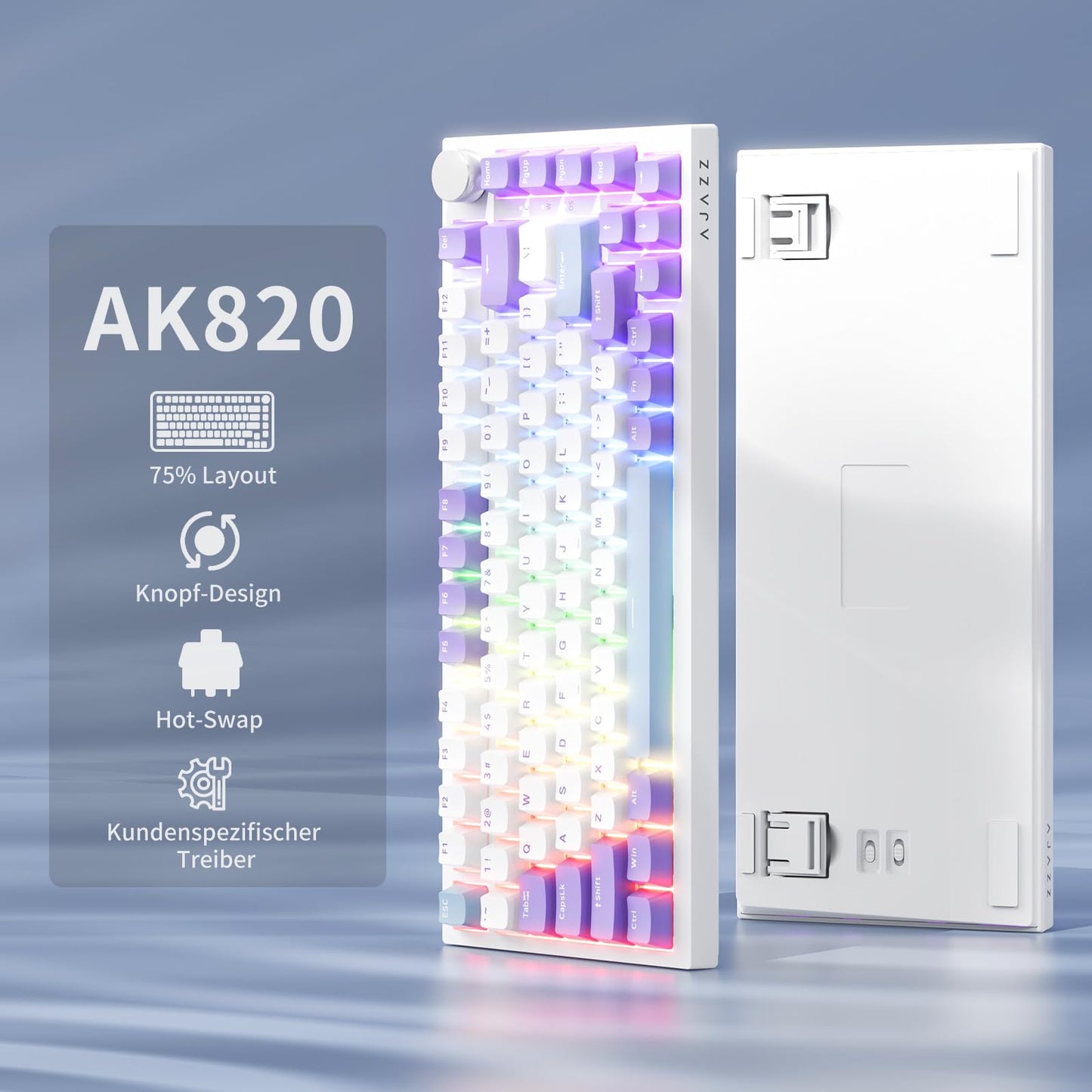 AJAZZ AK820 75% Wired RGB Gasket Mechanical Keyboard with Volume Knob, South Facing LED, Poron Foam, PBT Keycaps, Custom Programmable Hot-Swap Keyboard
