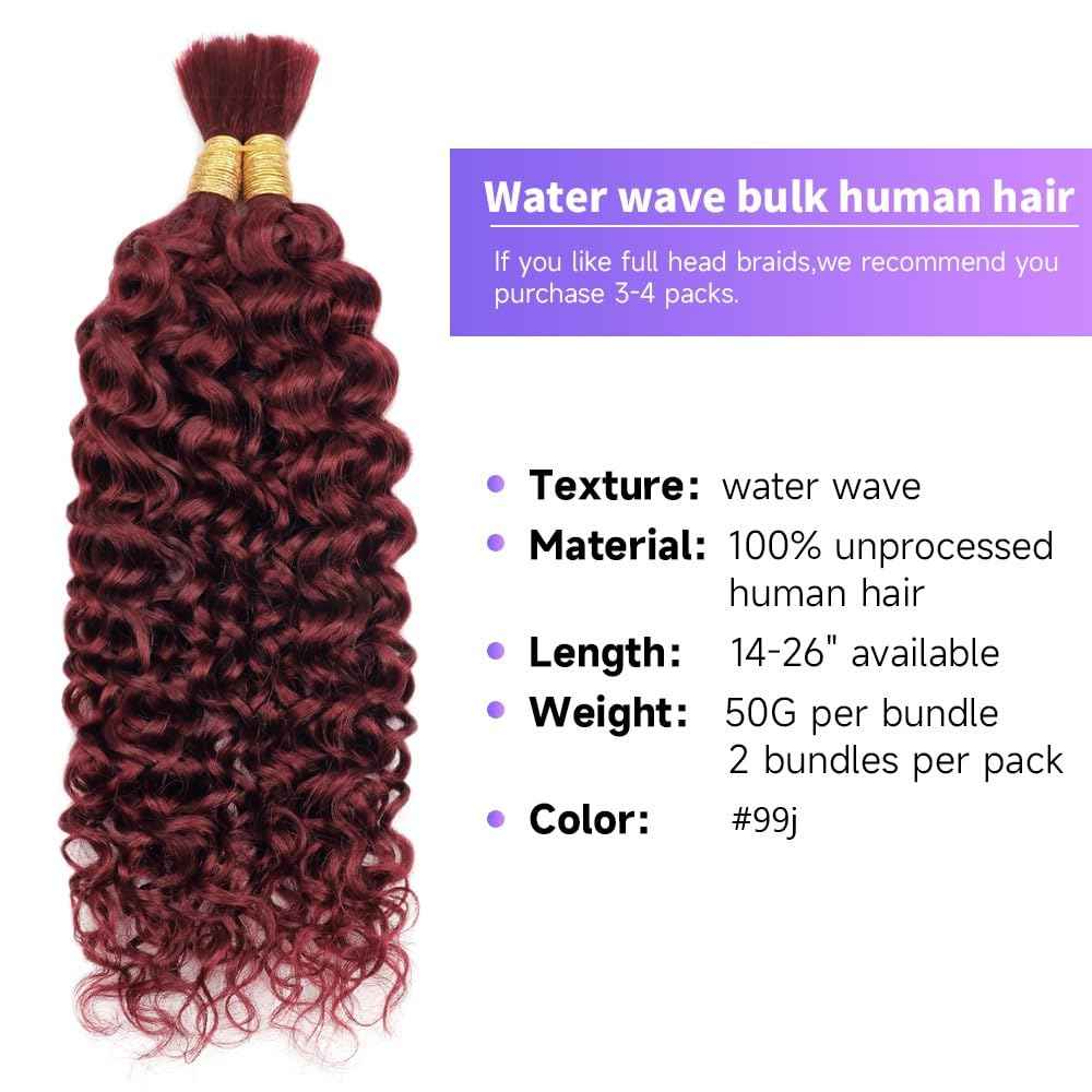 Human Braiding Hair Water Wave Bulk Human Hair For Braiding 100g (1pack-2bundles) No Weft 100% Unprocessed Virgin Human Braiding Hair For Boho Braids Water Wave Micro Braiding Human Hair 26inch #99J