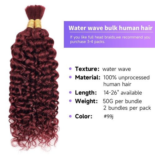 Human Braiding Hair Water Wave Bulk Human Hair For Braiding 100g (1pack-2bundles) No Weft 100% Unprocessed Virgin Human Braiding Hair For Boho Braids Water Wave Micro Braiding Human Hair 24inch #99J