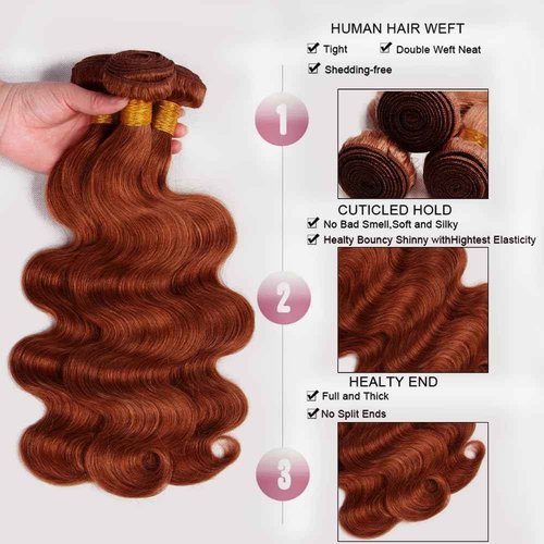 Copper Bundles Human Hair Reddish Brown Body Wave Bundles Hair Extensions 30 30 30 Inch Grade 8A Brazilian Virgin Remy Hair 3 Bundles Double Weft Color #33 Bundles Hair Weave