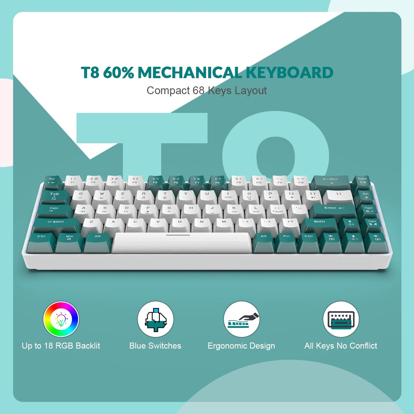 ZIYOU LANG RK-T8 Wired 65% Mechanical Gaming Keyboard with RGB LED Backlit Anti-ghosting TKL Mini 68 Key Custom Coiled C to A Cable Tactile Blue Switch for PS4 PS5 Xbox PC Mac Gamer(Green/White)