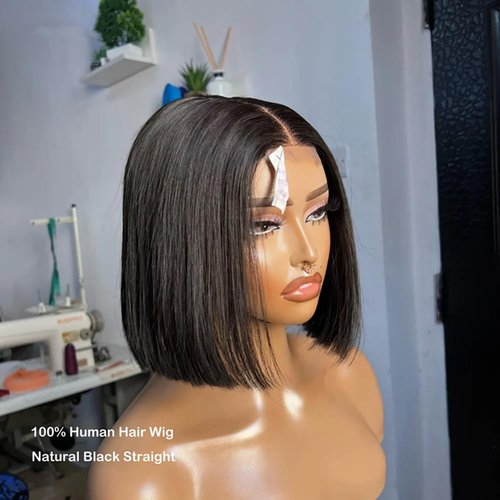 Real Skinlike 2X6 HD Crystal Lace Closure Wig Short Bob Human Hair with Thin Knots 180% Density Blunt Cut Bob Straight Natural Black Brazilian Remy Hair Swiss Lace Wigs For Woman Bleached Knots 8Inch