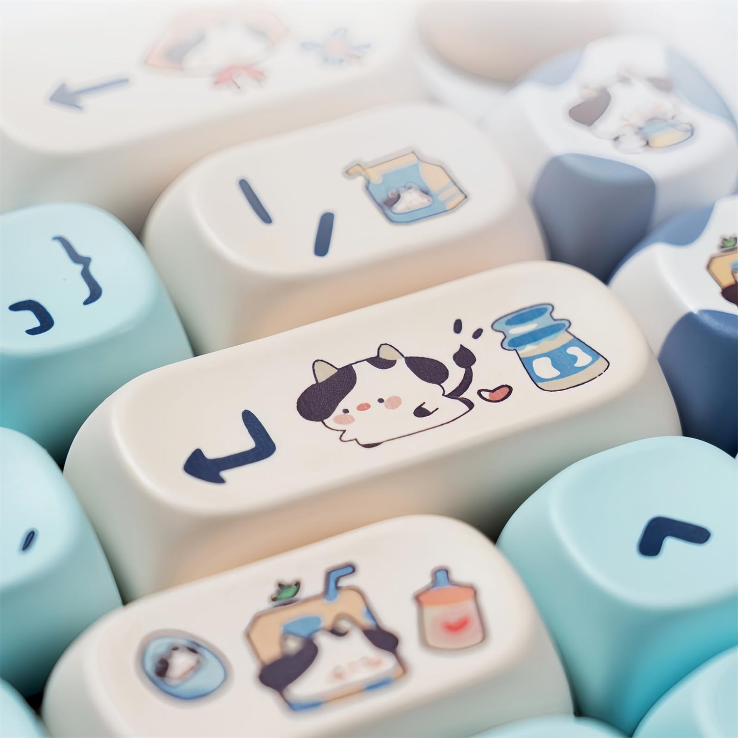 ZMX Cute MOA Keycaps,Kawaii Milk-Cow Round Keycap Custom Full Size Keycap Set Dye-Sub Thick PBT Key Cap for Cherry MX Switch 75% 60% Mechanical Gaming Keyboard Creamy Keycaps (142Keys)