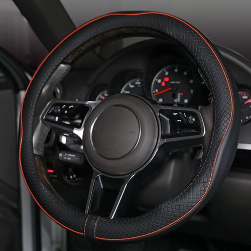 Car Steering Wheel Cover, Anti-Slip, Safety, Soft, Breathable, Heavy Duty, Thick, Full Surround, Sports Style (Black with Light Orange Line)
