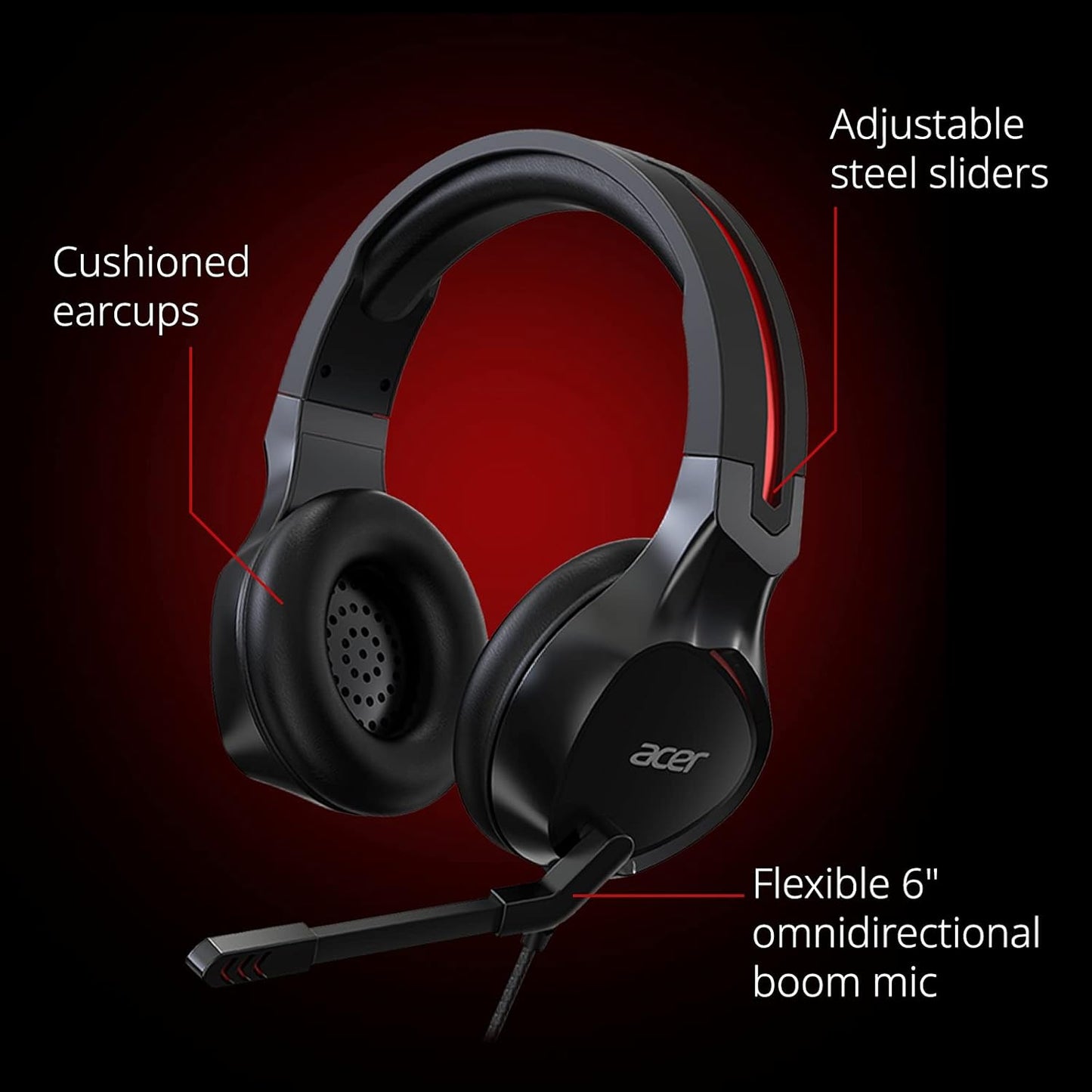 Acer Nitro Gaming Headset II: 50mm Drivers | Retractable Omni-Directional Noise-Canceling Microphone with On-Cable Controls | Over-Ear Design with RGB Lights, (Pack of 1)