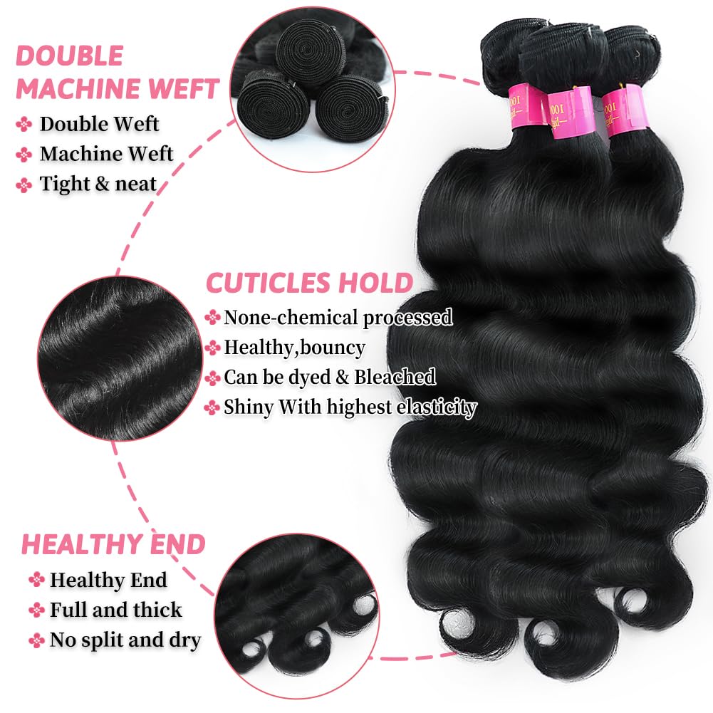 12A Human Hair Bundles with Closure Body Wave Bundles 16 18 20+14 Inch 5X5 HD Lace Closure Human Hair 100% Brazilian Virgin Hair Extensions 3 Bundles Hair Quick Weave Bundle Natural Black for Women
