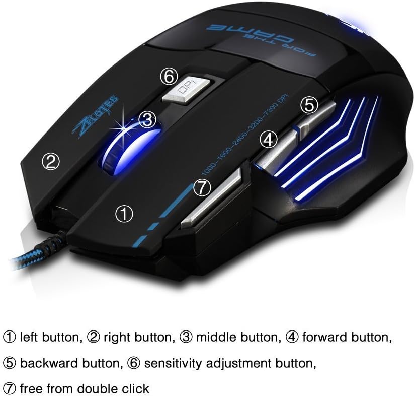 zelotes 7200 DPI 7 Buttons Professional LED Optical USB Wired Gaming Mouse Mice for Gamer