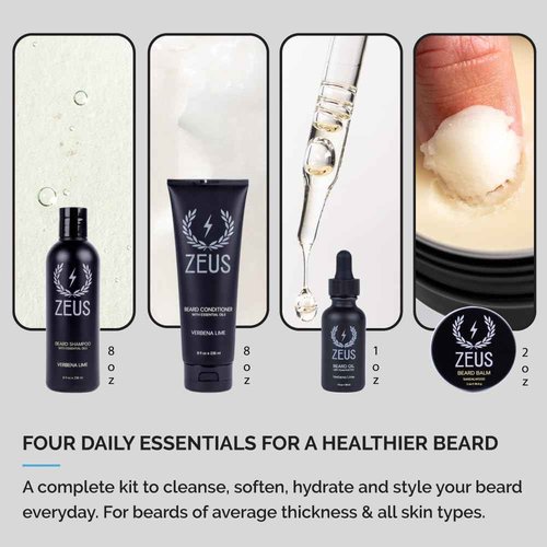 ZEUS Everyday Beard Kit for Men, Facial Hair Shampoo, Conditioner, Oil, Balm & Tin Gift Box, Premium Beard Care & Grooming Set (Made in USA) Sandalwood