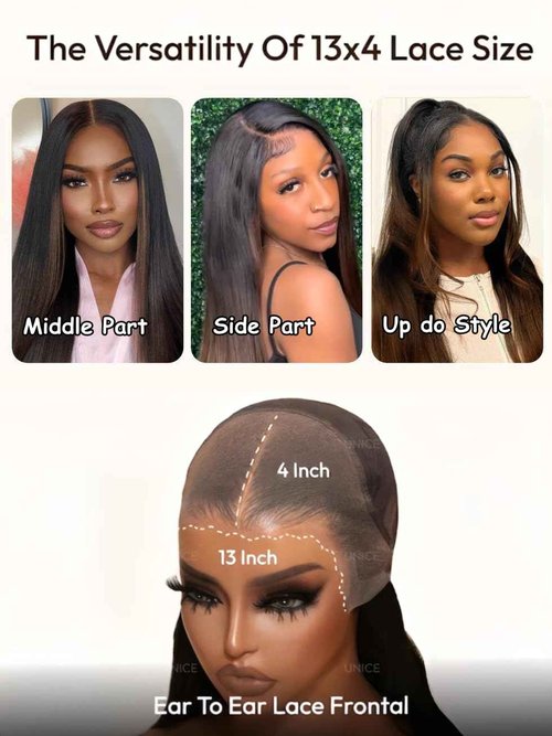 UNICE Yaki Straight 13x4 Lace Front Wigs Human Hair with Drawstring Pre Everything Glueless Frontal Human Hair Wig Pre Plucked Pre Cut Bleached Knots Chestnut Brown ombre Color 150% Density 10 inch