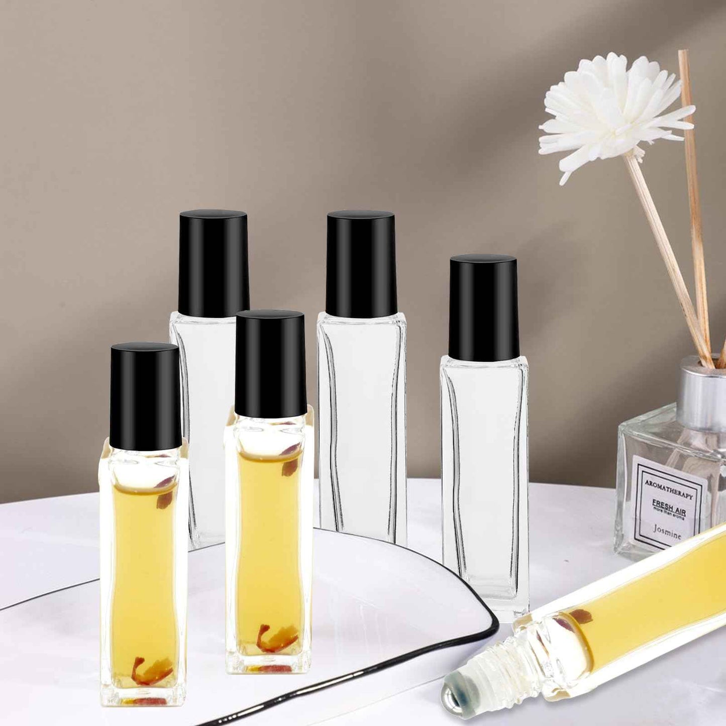 Hzmssore 100 Pcs 10 ml Roller Bottles for Essential Oils, Square Thick Empty Glass Roller Bottles with Stainless Steel Roller Balls Protection Leakproof with 5 Funnel for Travel, Black