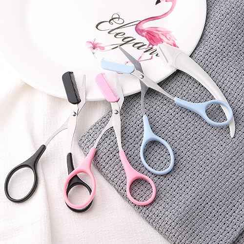 3pcs-Eyebrow Scissors with Eyebrow Razor,Professional Eyebrow Trimmer Scissors with Comb,Non Slip Finger Grips Eyebrow Trimmer, Hair Removal Beauty Accessories for Men Women (Black, Pink, Blue)
