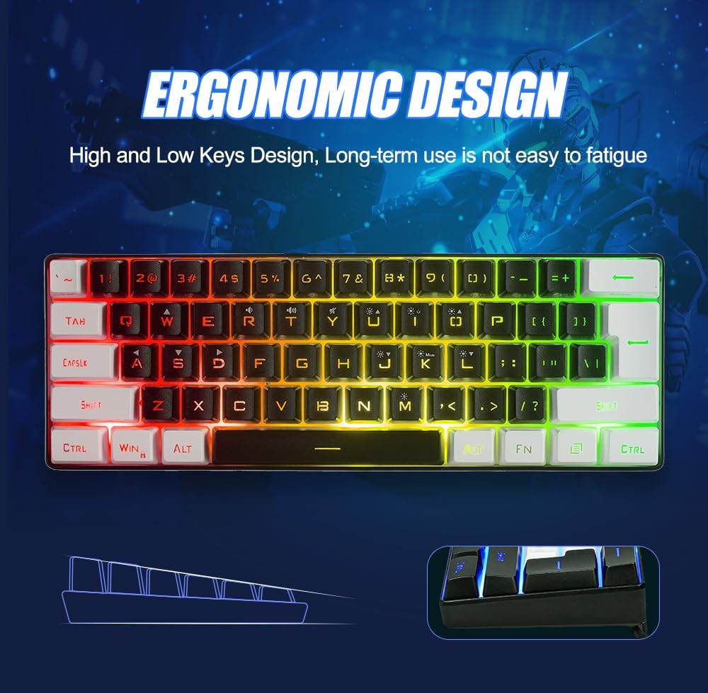 abucow Gaming Keyboard Minimalist Portable Wired Ultra-Compact Mini Imitation 61 Keys RGB Backlit Keyboard (Black-White)