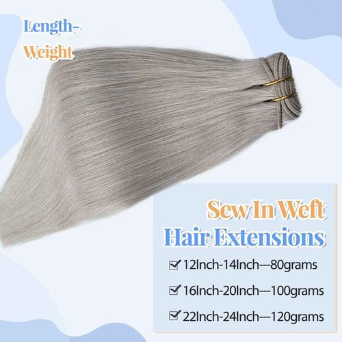 24Inch Silver Grey Human Hair Bundles 120Gram 100% Brazilian Silky Straight Sew in Extensions Double Weft Grey Human Hair Bundles for Women Hand Tied Weft Hair Extensions Silver Sew in Hair Bundles