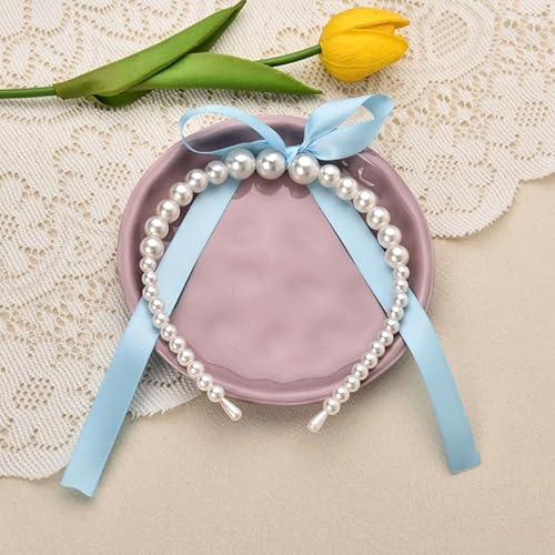Blue Bow Pearl Headbands for Women Pearls Hair Hoop Bands for Thick Thin Hair Bow Headband Hairband for Teen Girl Elegant Hair Accessories Decoration for Women Non Slip Pearl Head Band with Bow Ribbon