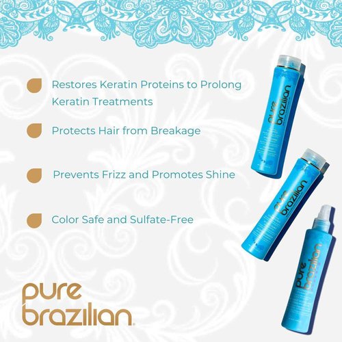 Pure Brazilian 3-Piece Daily Essentials Kit: Anti-Frizz Shampoo, Conditioner & Miracle Leave-In Conditioner with Keratin, Cocoa Butter & Bulgarian Rose Wate