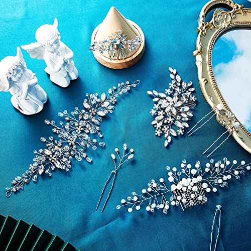 Maitys 44 Pieces Wedding Hair Accessories Faux Pearl Crystal Comb Clips U-shaped Flower Rhinestone Silver Pearl Hair Pieces for Prom Bride Bridesmaid(Elegant Style)