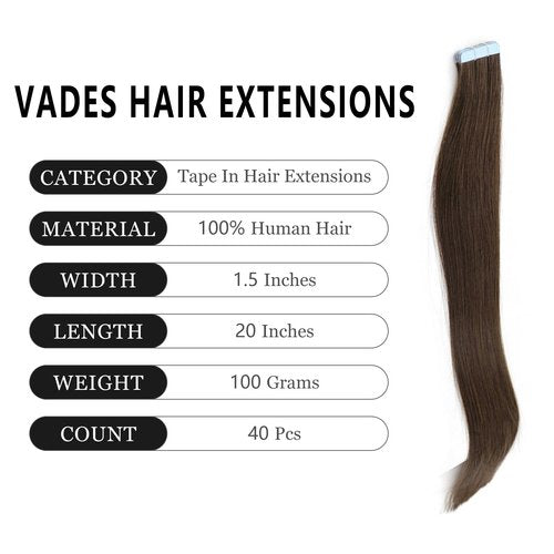 VADES Tape In Hair Extensions Remy Human Hair #2 Chocolate Brown Tape Hair Extensions Real Human Hair 20 Inch Invisible Seamless Skin Weft Extensions 100 Grams 40 Pieces