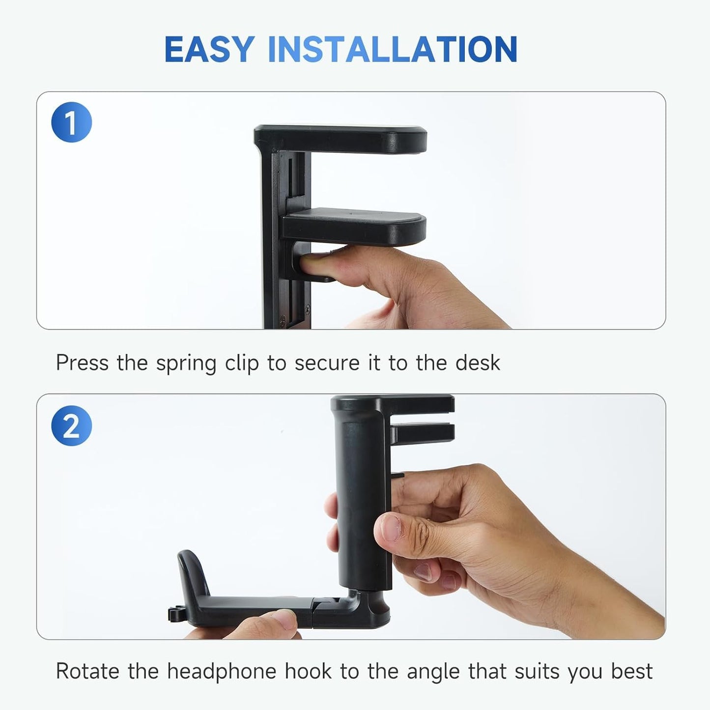 Adjustable Clamp-on Under Desk Hanger, PC Gaming Headset Holder- 360 Degree Swivel Rotating Headphone Stand & Cable Clip Organizer (Black)
