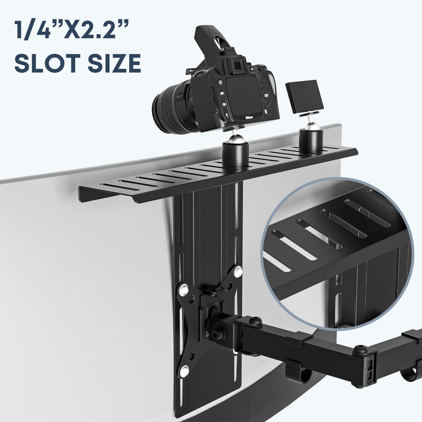 16 inch VESA Monitor Mount Shelf for Streaming - Holds Cameras, Webcams, Microphones & Lights, Height Adjustable, Fits 100×100 mm VESA Pattern, All-in-One Design (Black)