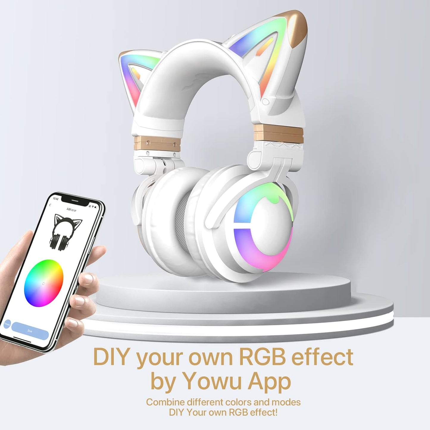 YOWU Cat Ear Headphones 3G, RGB Wireless/Wired 5.0 Foldable Gaming Headset with 7.1 Surround Sound, Built-in Mic & Customizable Lighting and Effect via APP(White)