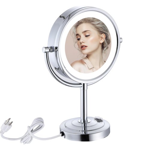 Cavoli 8.5 inch LED Makeup Mirror with 10X Magnification,has Three Colors Lights,Extendable Bathroom Mirror,Tabletop Two-Sided, Antique Brass Finish(8.5in,10X) (Chrome, 10x Magnification)