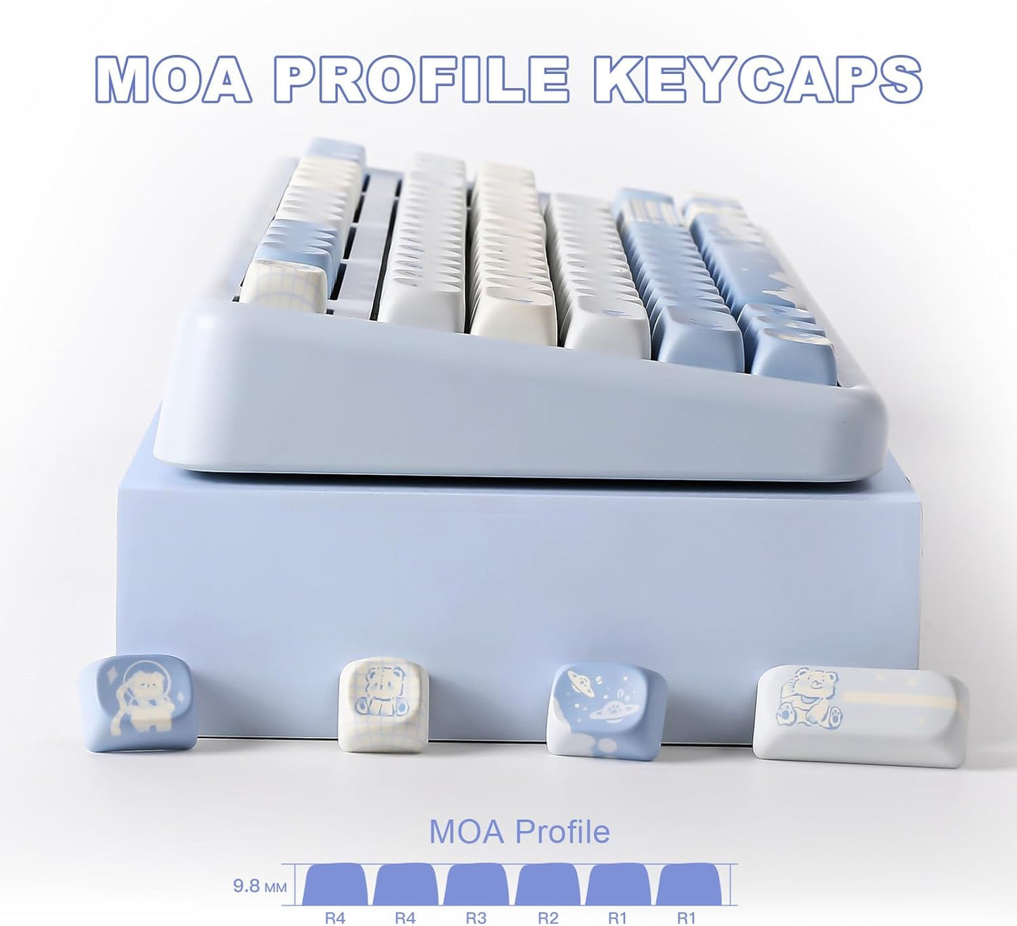 YUNZII 132 Keys MOA Keycaps, Dye-Sublimation PBT Custom Keycap Set for MOA Profile, Cute Bear Customized Pattern Keycaps for MX Switches Mechanical Gaming Keyboard (Blue)