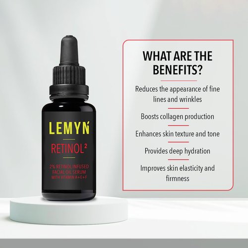 Lemyn Organics Retinol2 Facial Oil Serum with 2% Advanced Gentle Retinol, Vitamin A+E+F – Freshly Made Anti-Aging, Hydrating, and Firming Formula | 30ml