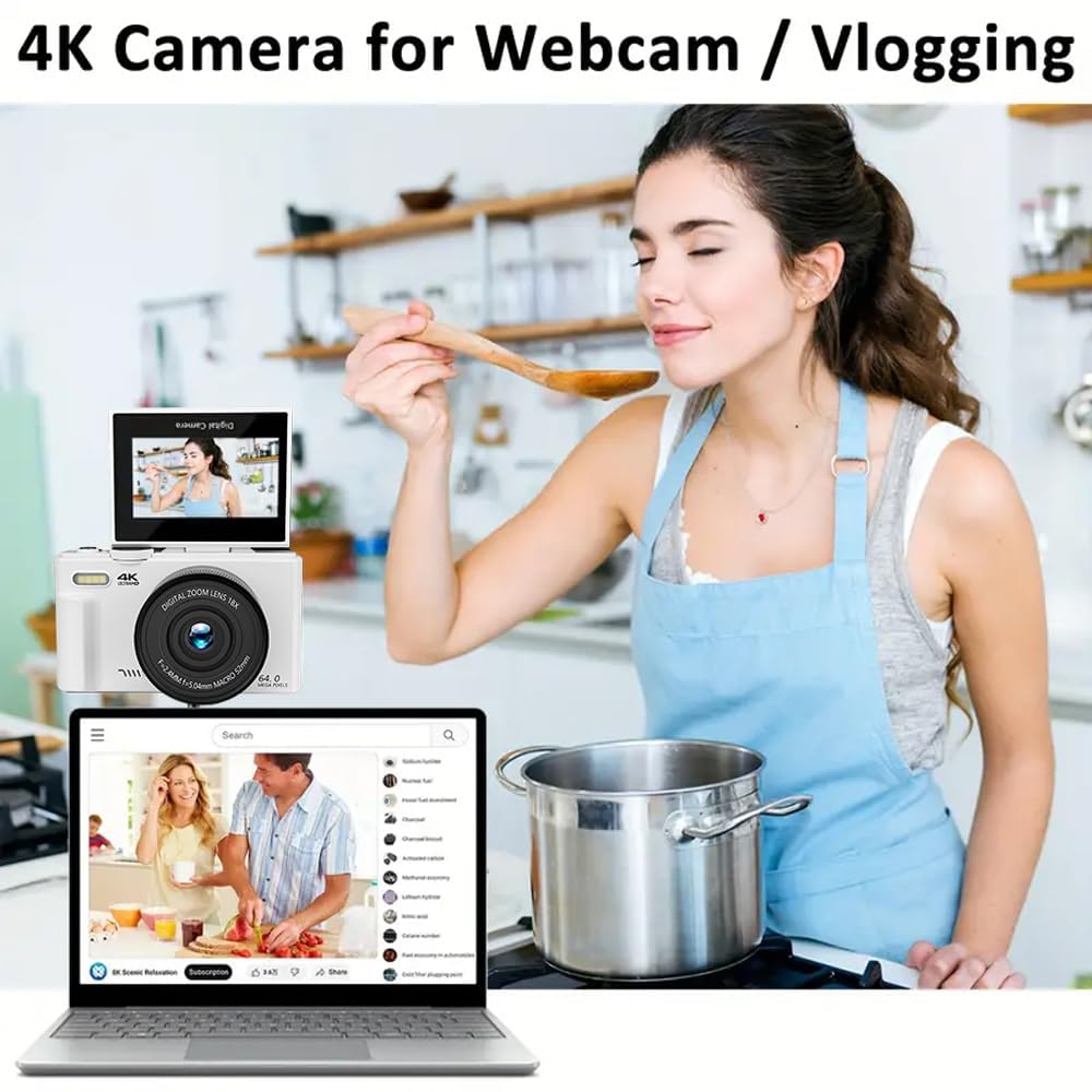 64MP Digital Camera for Photography and Video: 4K Vlogging Camera for YouTube with 3'' Flip Screen and 32GB TF Card, 16X Zoom Digital Camera for Gift (White)