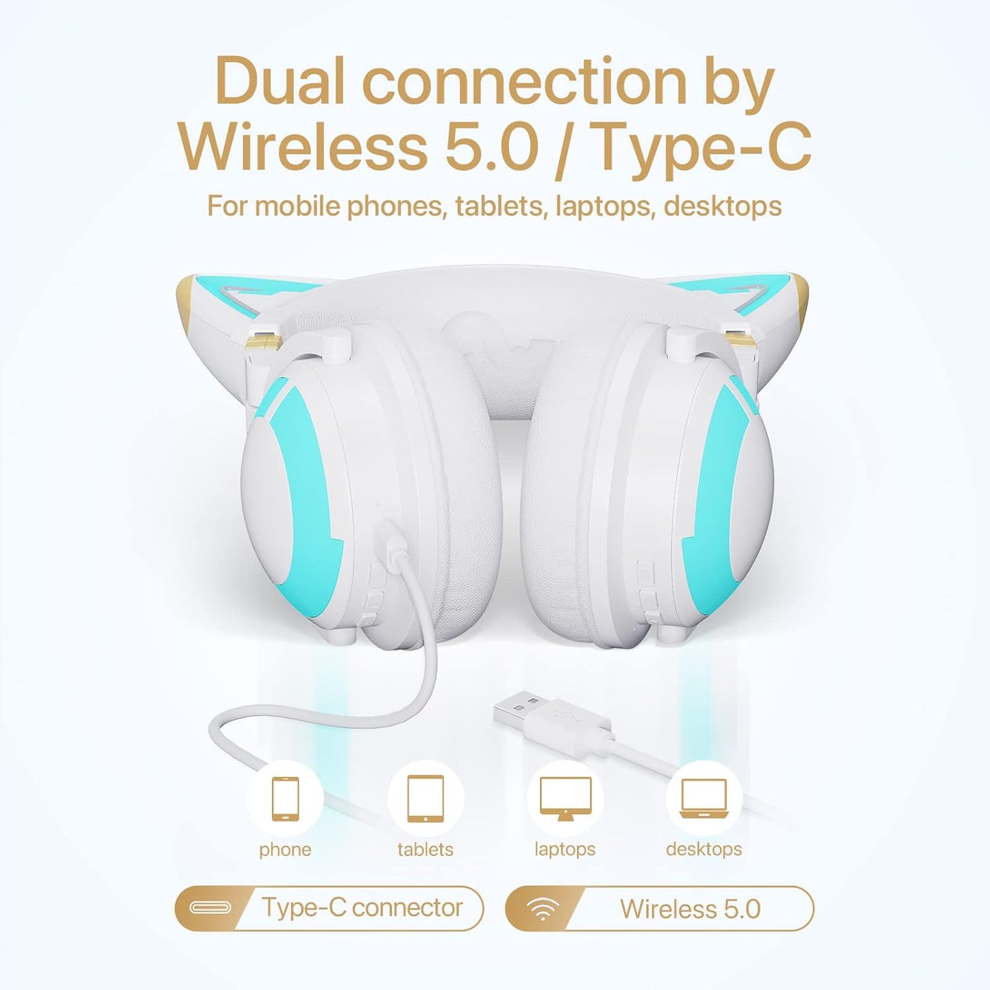 YOWU Cat Ear Headphones 3G, RGB Wireless/Wired 5.0 Foldable Gaming Headset with 7.1 Surround Sound, Built-in Mic & Customizable Lighting and Effect via APP(White)
