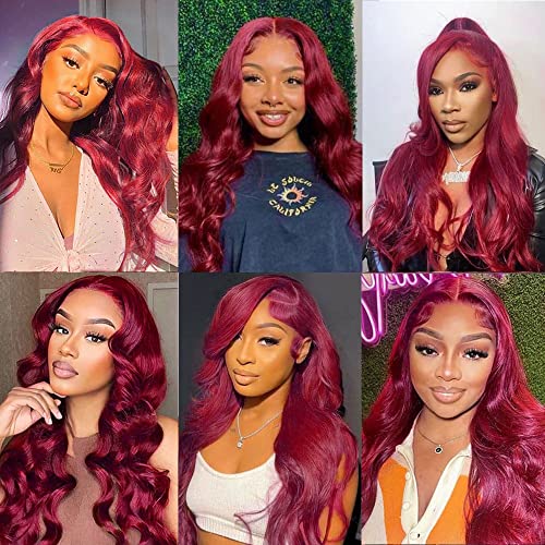 99J Burgundy Wine Red Color Body Wave 13x4 HD Lace Front Glueless Wigs Human Hair Pre Plucked Bleached Knots with Baby Hair Wigs Brazilian Human Hair Natural Hairline Wigs for Women(20Inch)