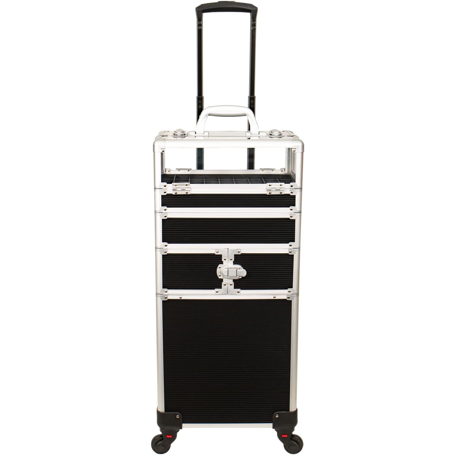 JC Beauty 7 in 1 Professional Interchangeable Rolling Makeup Nail Tech Train Case Travel Storage Clear Acrylic, Black Stripe