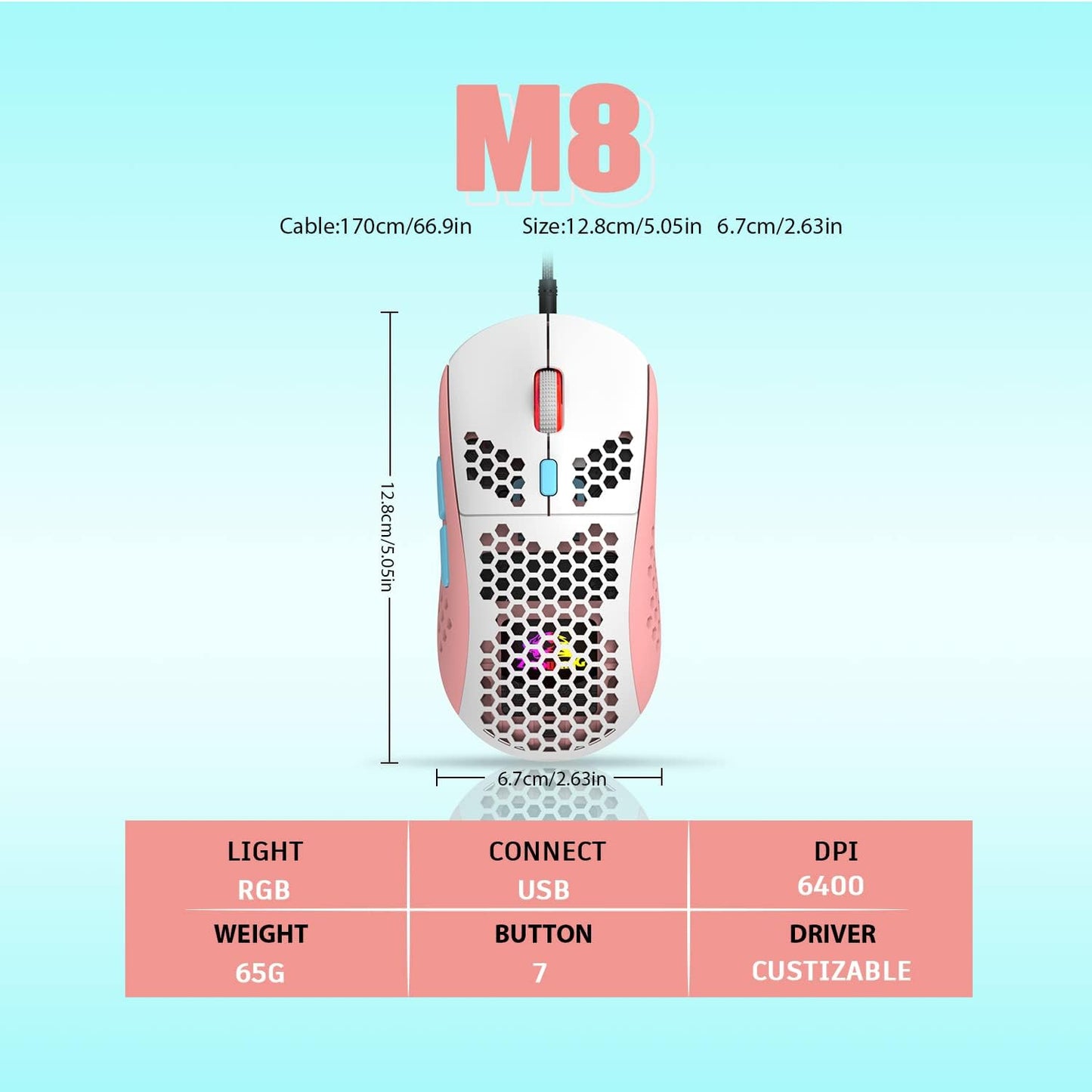ZIYOU LANG Wired RGB Gaming Mouse,65G Lightweight Honeycomb Ultralight Mouse with High Precision Sensor 6400DPI,6 Button Programmable USB Gaming Mice,Precise Registration for PC Gamers Xbox PS4 Users