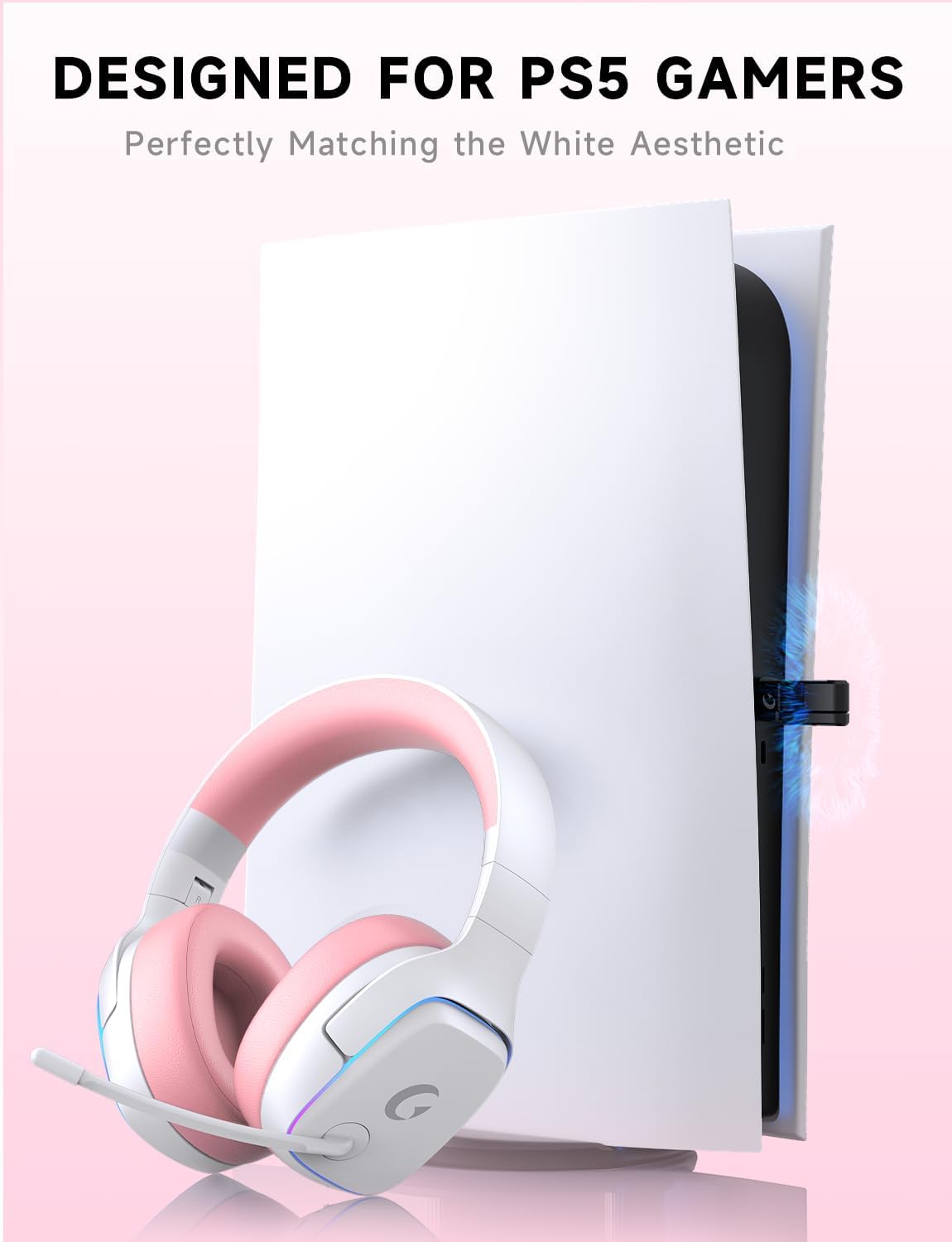2.4GHz Wireless Gaming Headsets for PS5, PS4, PC, Switch - Bluetooth 5.3 Gaming Headphones with Noise Canceling Mic, 7.1 Surround Sound, 70H Battery, Blue Lighting - White