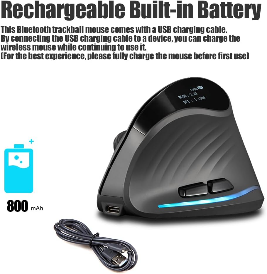 zelotes Bluetooth Wireless Mouse with Display,4000DPI,2-in-1(BT 5.0/3.0+2.4Ghz),Rechargeable,3 Device Connection,6 Buttons Vertical Ergonomic Mouse,Portable Mouse for PC,Laptop,Tablets